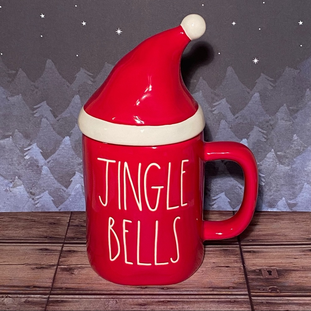 Rae Dunn JINGLE BELLS Mug w/Santa Hat Topper